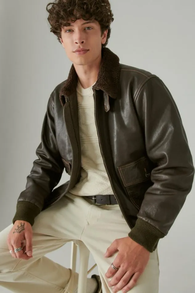Men Lucky Brand Jackets and Outerwear Leather Flight Jacket Brown