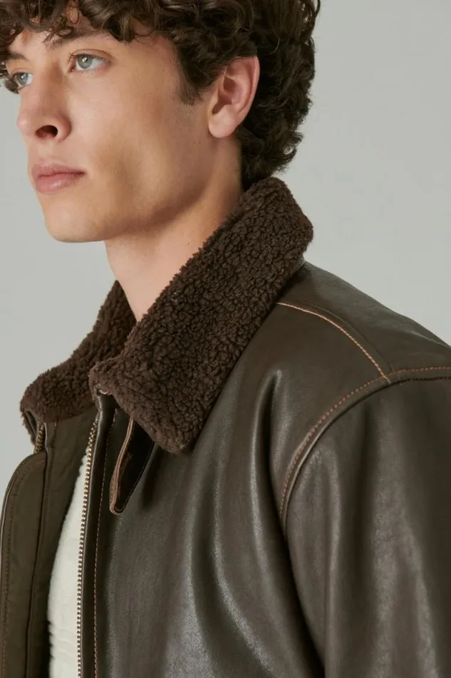 Men Lucky Brand Jackets and Outerwear Leather Flight Jacket Brown