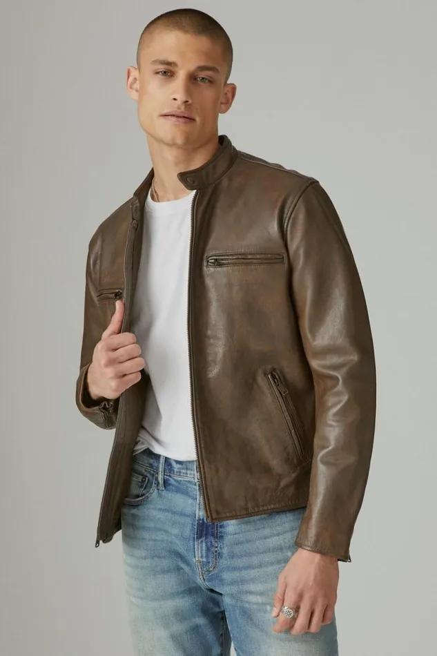 Men Lucky Brand Jackets and Outerwear Washed Leather Bonneville Jacket Dark Brown