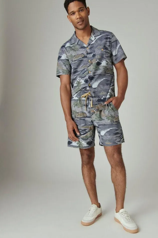 Men Lucky Brand Shorts Printed Linen 7034 Pull Up Short Chambray Print