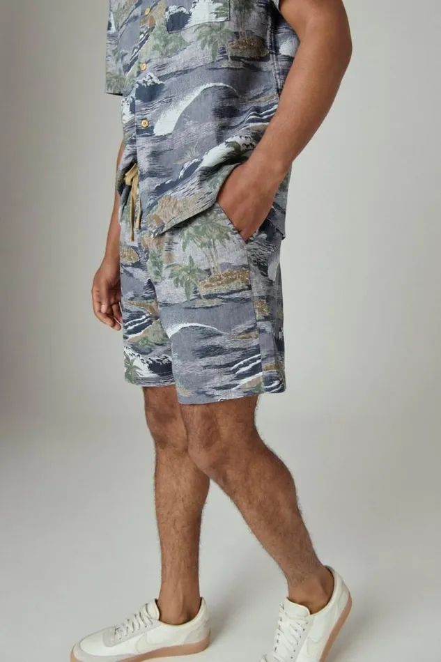 Men Lucky Brand Shorts Printed Linen 7034 Pull Up Short Chambray Print