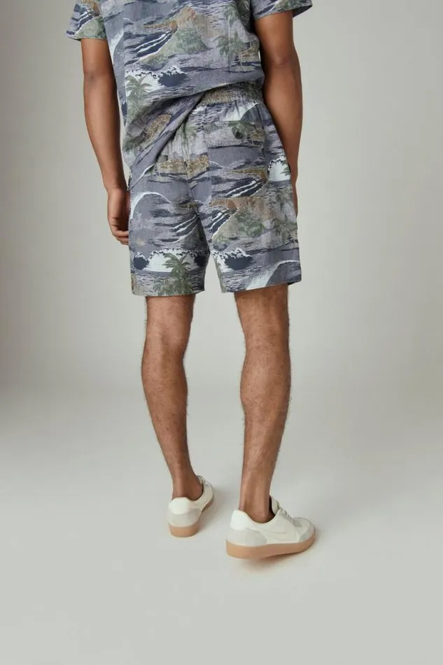 Men Lucky Brand Shorts Printed Linen 7034 Pull Up Short Chambray Print