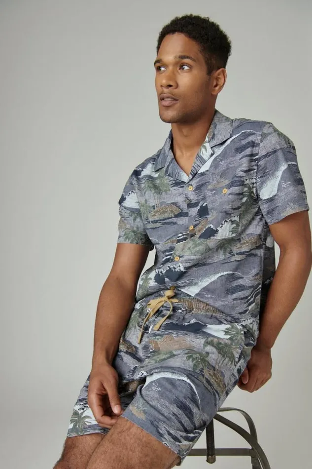 Men Lucky Brand Shorts Printed Linen 7034 Pull Up Short Chambray Print