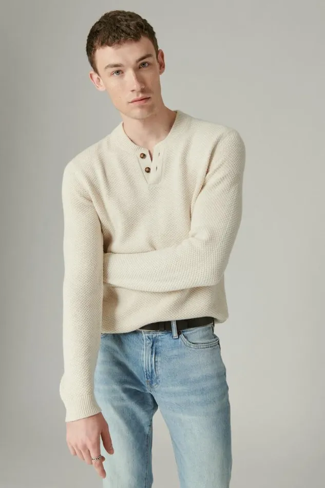 Men Lucky Brand Sweaters Cloud Soft Henley Sweater Straw Heather