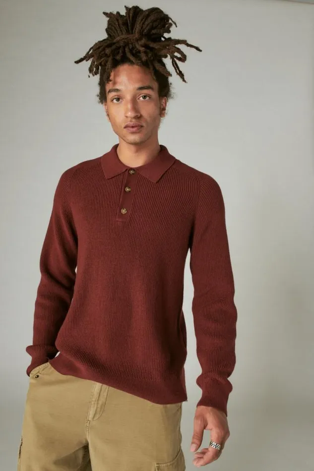 Men Lucky Brand Sweaters Cloud Soft Polo Sweater Rustic Wine