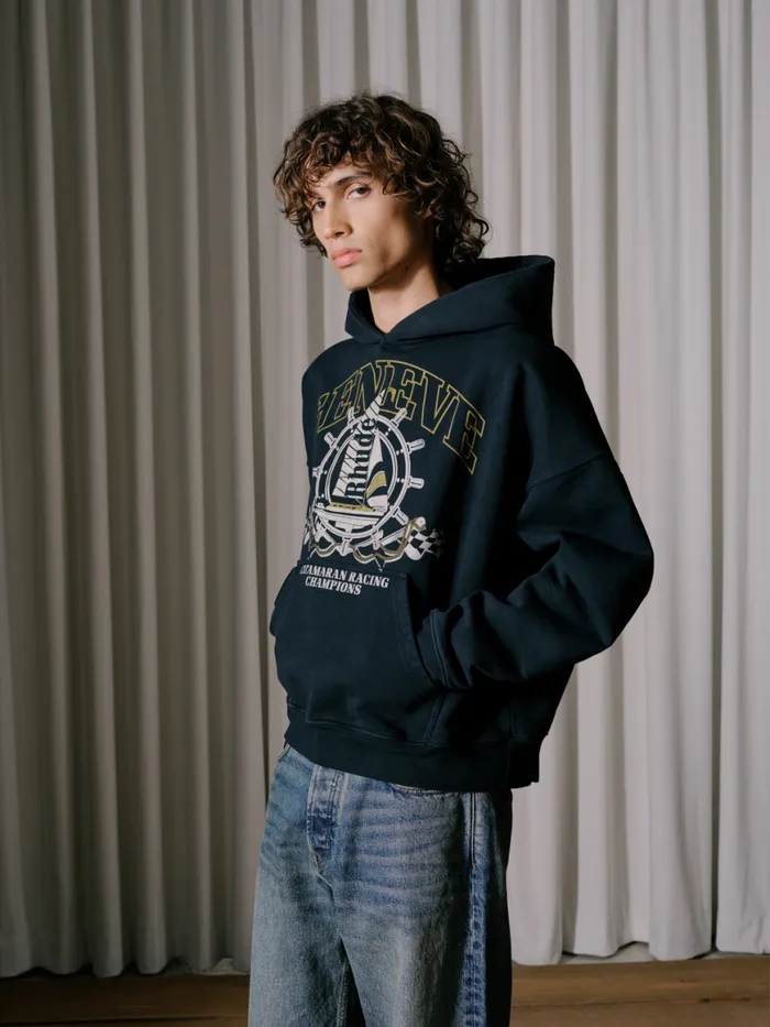 Men Rhude Sweatshirts GENEVE CATAMARAN HOODIE Vtg Black