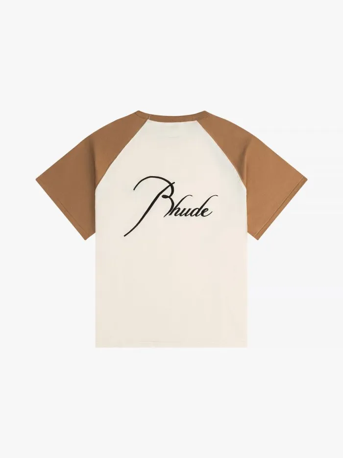 Men Rhude Tees RAGLAN LOGO TEE Vtg Tan Vtg White Men Rhude Tees RAGLAN LOGO TEE Vtg Tan Vtg White