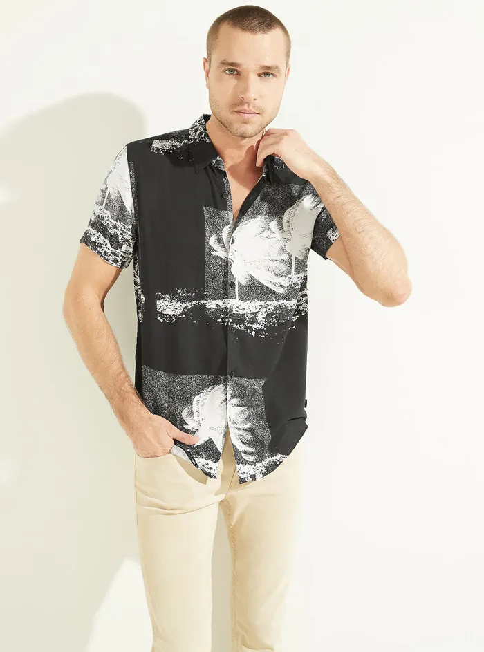 Men Shirts GUESS Eco Black Palm Print Rayon Shirt Men Shirts GUESS Eco Black Palm Print Rayon Shirt