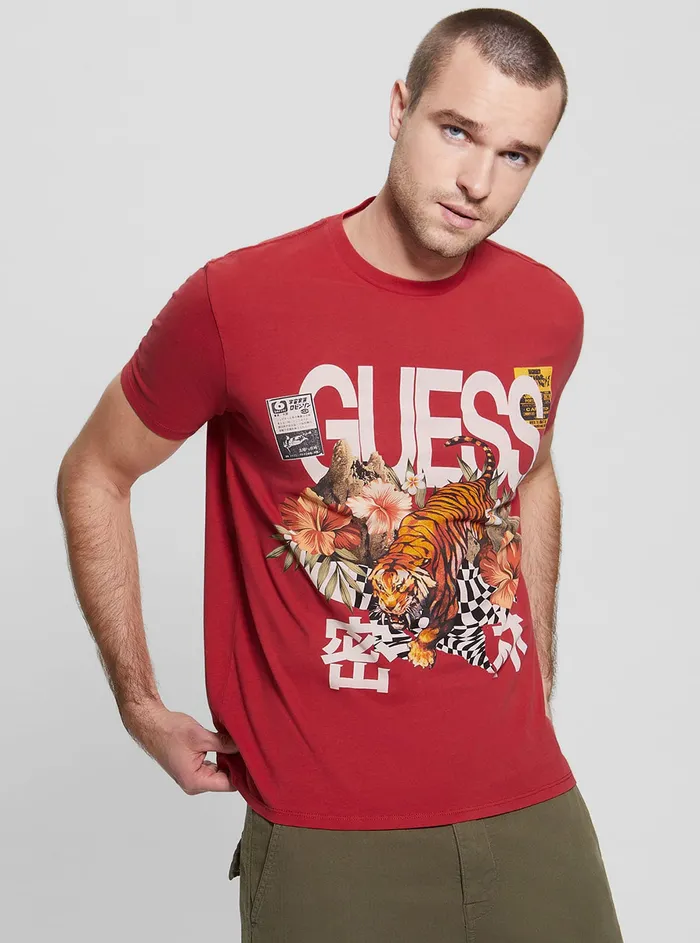 Men Tees and Tanks GUESS Red Multi Jungle Tiger Logo Tshirt