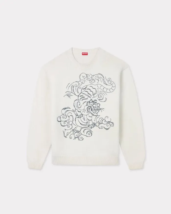 MenWomen 039KENZO Star Tiger039 Genderless Embroidered Jumper In Wool Off White Kenzo Sweaters And Cardigans