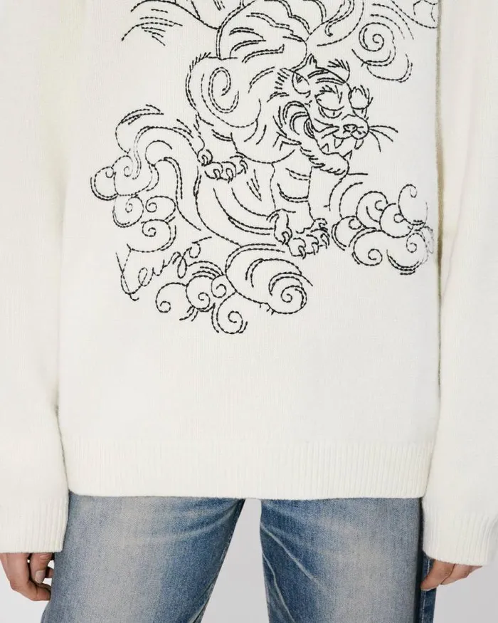 MenWomen 039KENZO Star Tiger039 Genderless Embroidered Jumper In Wool Off White Kenzo Sweaters And Cardigans