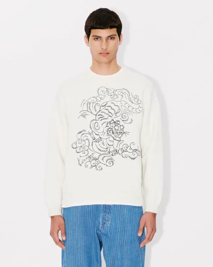 MenWomen 039KENZO Star Tiger039 Genderless Embroidered Jumper In Wool Off White Kenzo Sweaters And Cardigans