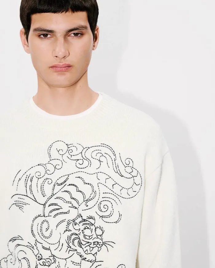 MenWomen 039KENZO Star Tiger039 Genderless Embroidered Jumper In Wool Off White Kenzo Sweaters And Cardigans