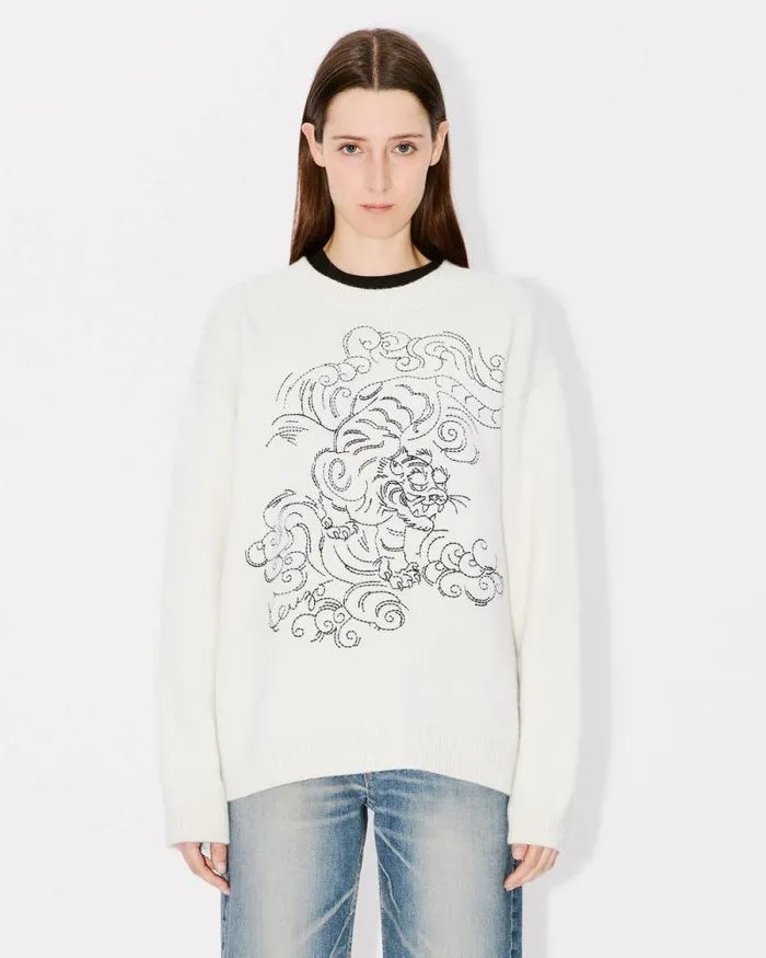 MenWomen 039KENZO Star Tiger039 Genderless Embroidered Jumper In Wool Off White Kenzo Sweaters And Cardigans