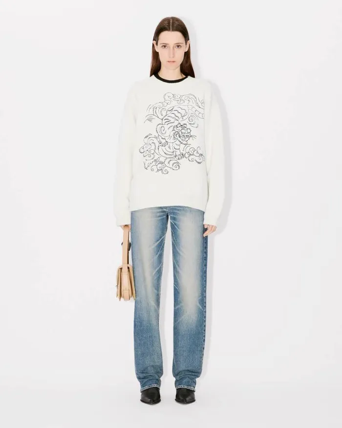 MenWomen 039KENZO Star Tiger039 Genderless Embroidered Jumper In Wool Off White Kenzo Sweaters And Cardigans