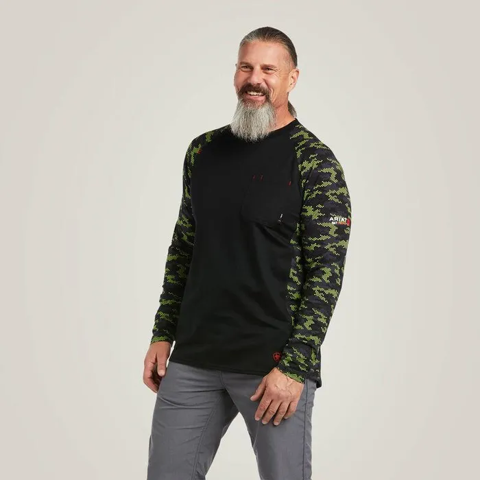 Men Workwear Ariat FR AC Stretch Camo Baseball TShirt Blacklime Camo