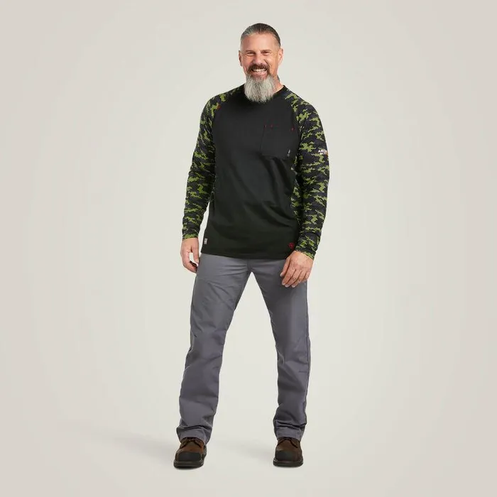 Men Workwear Ariat FR AC Stretch Camo Baseball TShirt Blacklime Camo Men Workwear Ariat FR AC Stretch Camo Baseball TShirt Blacklime Camo