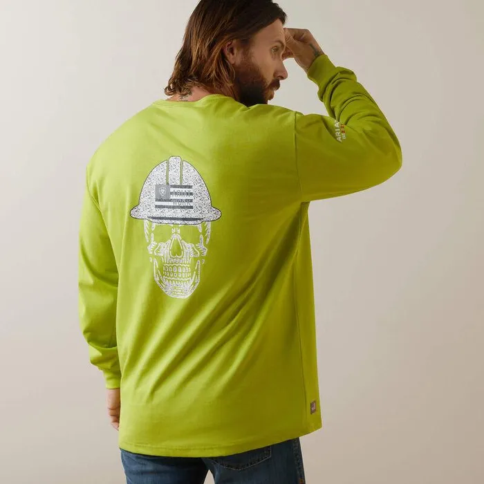 Men Workwear Ariat FR Roughneck Skull Logo TShirt Bright Lime