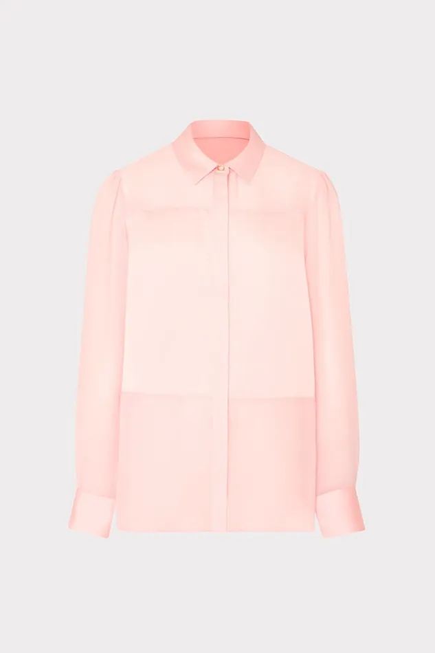 Milly Andy Satin Combo Button Up Blouse Blush Women Tops