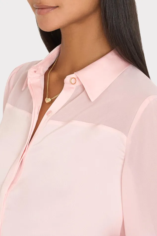 Milly Andy Satin Combo Button Up Blouse Blush Women Tops Milly Andy Satin Combo Button Up Blouse Blush Women Tops