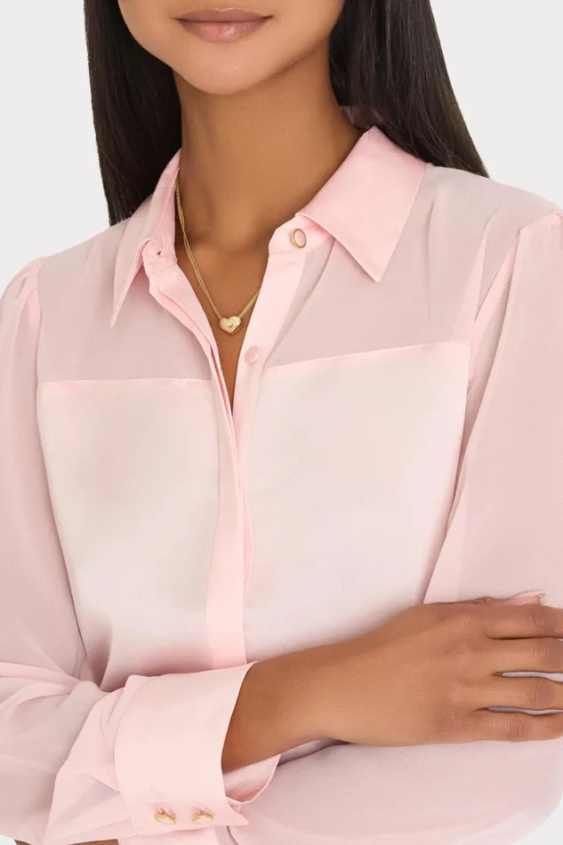 Milly Andy Satin Combo Button Up Blouse Blush Women Tops Milly Andy Satin Combo Button Up Blouse Blush Women Tops