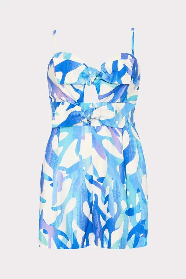 Milly Anya Under The Sea Linen Romper Blue Multi Women Swim and Coverups
