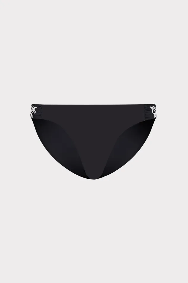 Milly Beaded Applique Bikini Bottom With Side Tabs Black Women Swim and Coverups