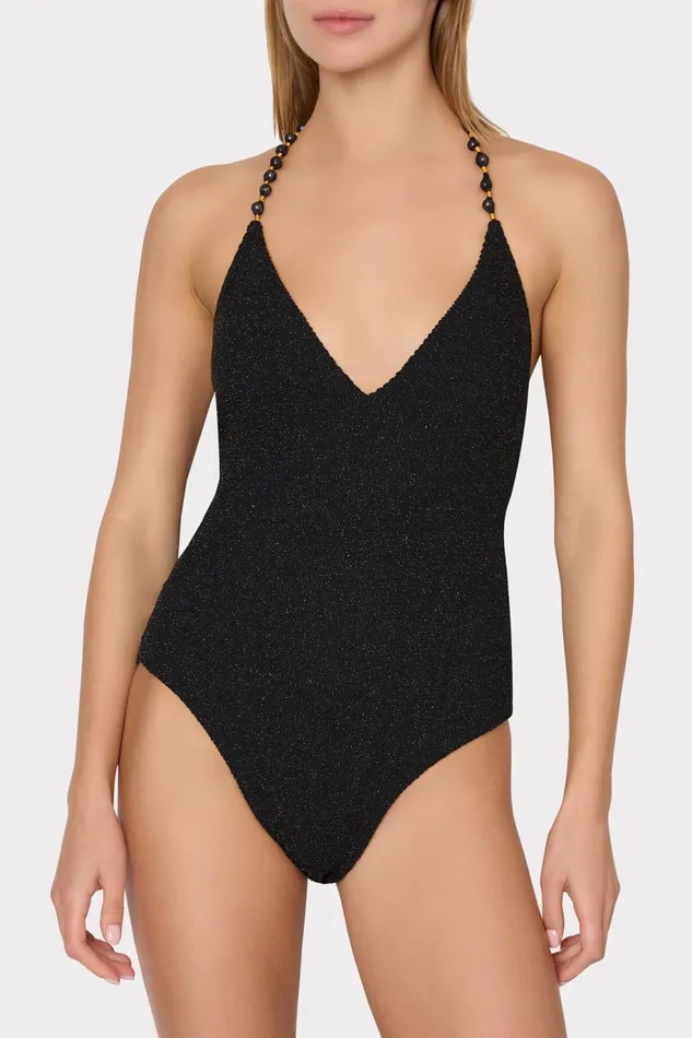 Milly Cannes Beaded Strap One Piece Blackgold Women Swim and Coverups Milly Cannes Beaded Strap One Piece Blackgold Women Swim and Coverups