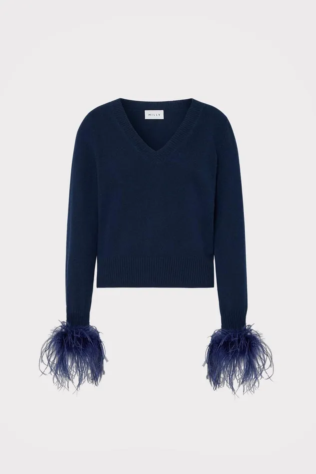 Milly Feather Cuff VNeck Sweater Navy Women Sweaters and Knits