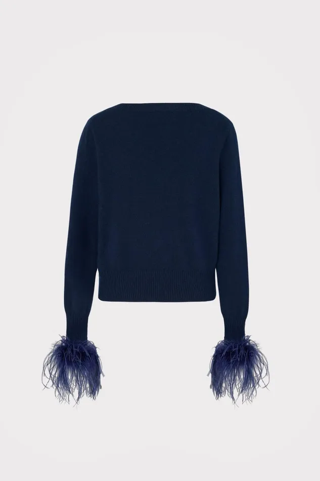 Milly Feather Cuff VNeck Sweater Navy Women Sweaters and Knits Milly Feather Cuff VNeck Sweater Navy Women Sweaters and Knits