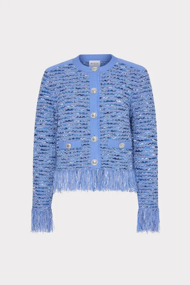 Milly Fringe Trim Cardigan Blue Women Matching Sets