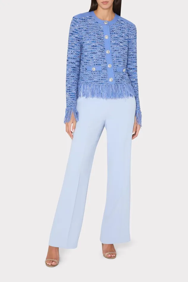 Milly Fringe Trim Cardigan Blue Women Matching Sets Milly Fringe Trim Cardigan Blue Women Matching Sets