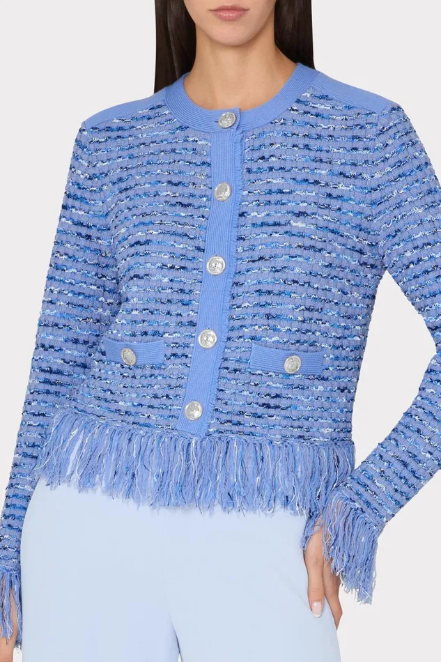 Milly Fringe Trim Cardigan Blue Women Matching Sets Milly Fringe Trim Cardigan Blue Women Matching Sets