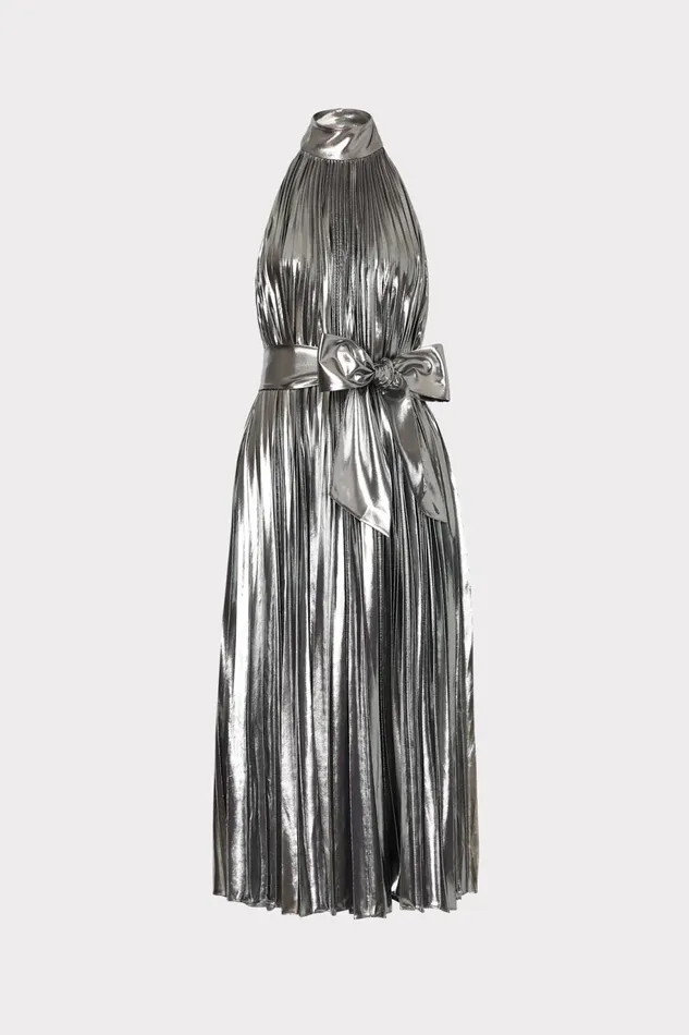 Milly Idena Pleated Lam Halter Dress Silver Women Dresses