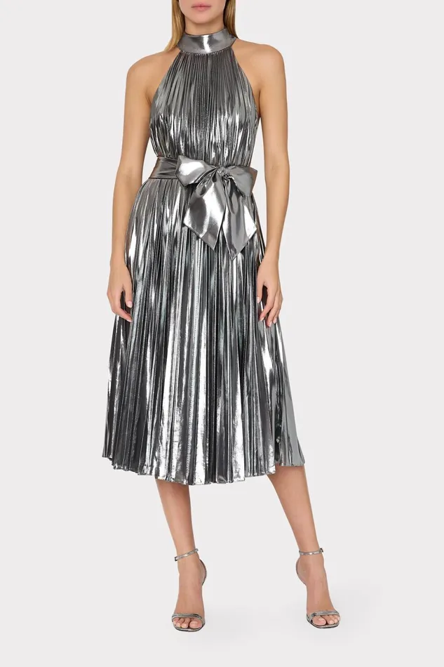 Milly Idena Pleated Lam Halter Dress Silver Women Dresses Milly Idena Pleated Lam Halter Dress Silver Women Dresses