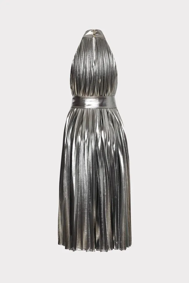 Milly Idena Pleated Lam Halter Dress Silver Women Dresses Milly Idena Pleated Lam Halter Dress Silver Women Dresses