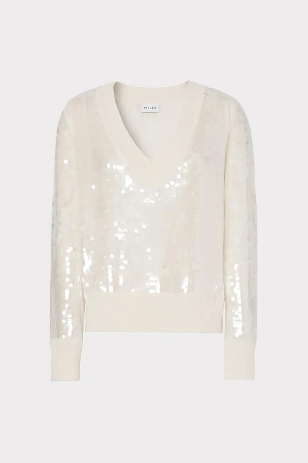 Milly Ilaria Sequin VNeck Sweater Ecru Women Tops