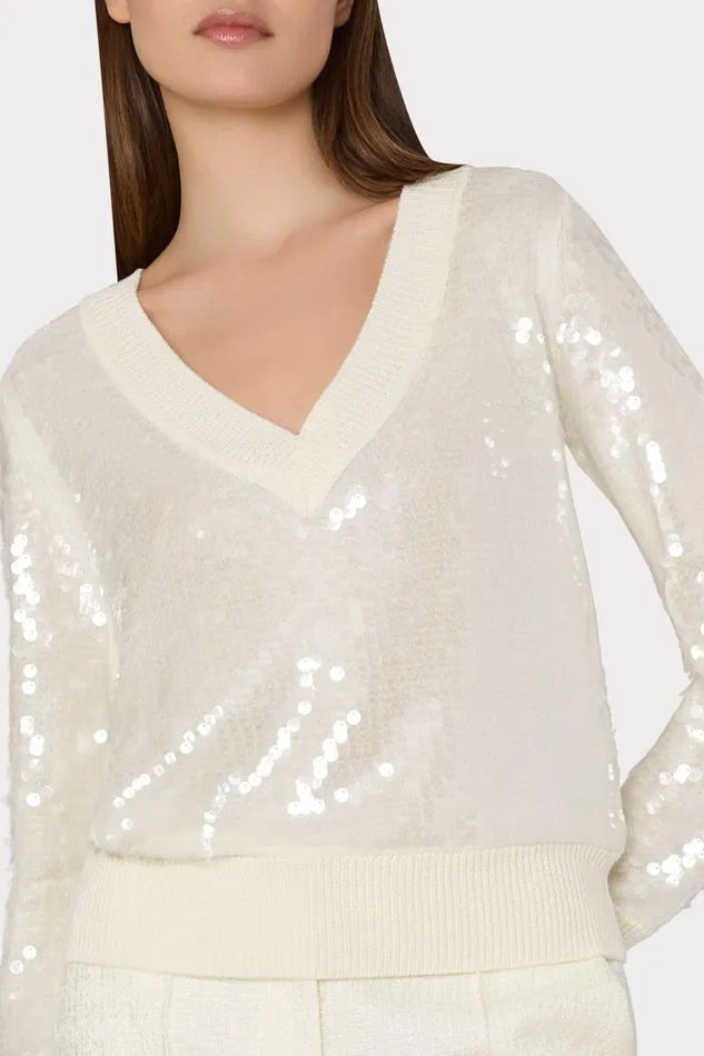 Milly Ilaria Sequin VNeck Sweater Ecru Women Tops Milly Ilaria Sequin VNeck Sweater Ecru Women Tops