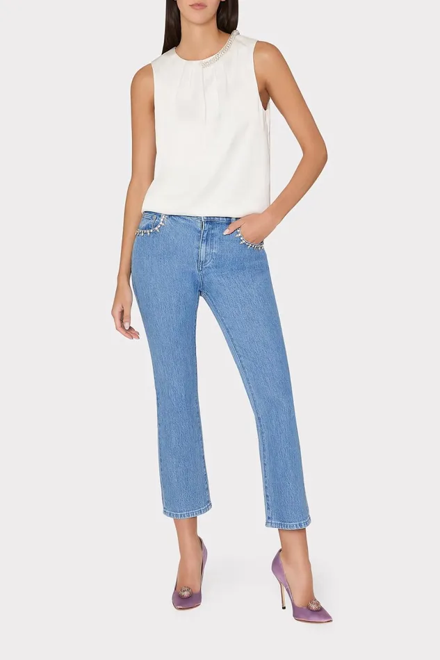 Milly Lily Satin Crystal Embellished Top Ecru Women Tops Milly Lily Satin Crystal Embellished Top Ecru Women Tops