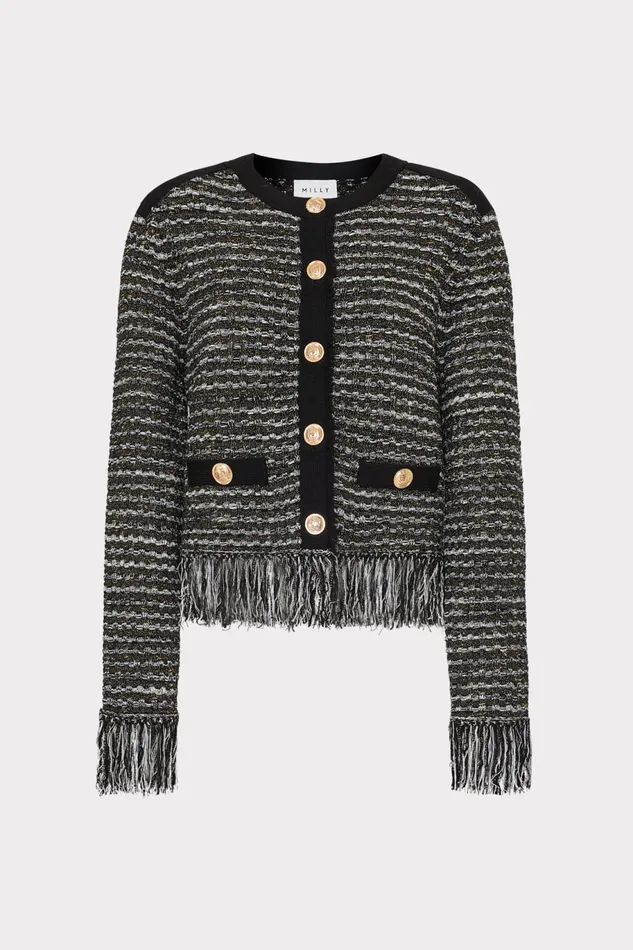 Milly Metallic Textured Fringe Cardigan Black Gold Multi Women Cardigans