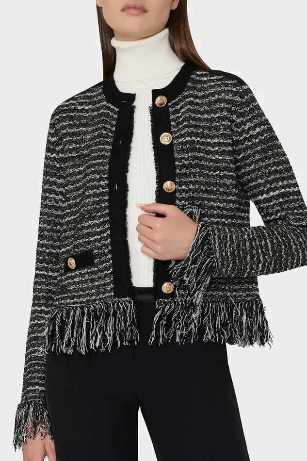 Milly Metallic Textured Fringe Cardigan Black Gold Multi Women Cardigans Milly Metallic Textured Fringe Cardigan Black Gold Multi Women Cardigans