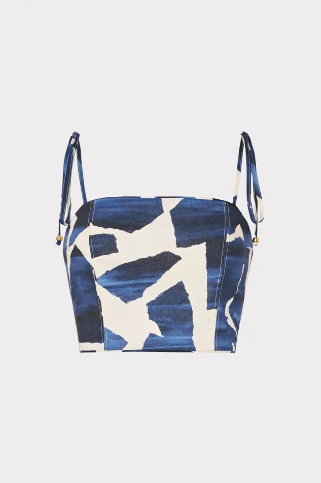 Milly Ocean Puzzle Viscose Linen Tie Top Navy Multi Women CoverUps