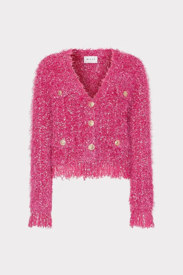 Milly Textured Fringe Cardigan Pink Women Coats and Jackets