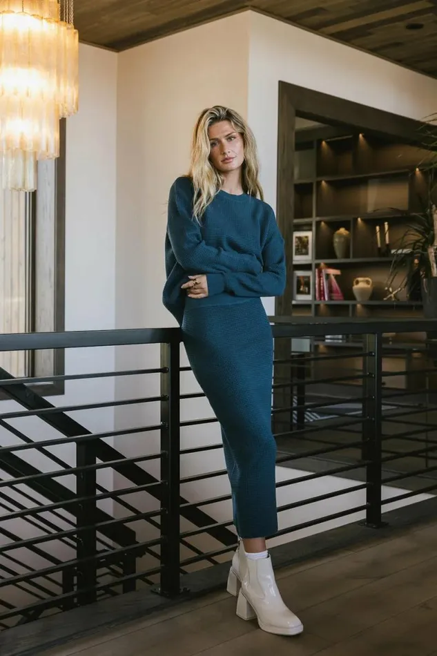 Noelle Waffle Knit Sweater In Teal Teal Women Bohme Sets