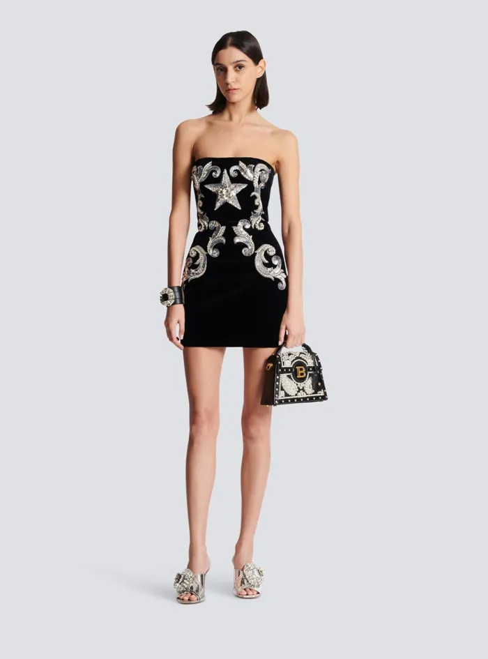 Paisley Embroidered Strapless Dress Black Women Balmain Dresses