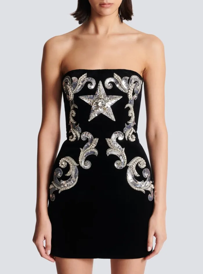 Paisley Embroidered Strapless Dress Black Women Balmain Dresses