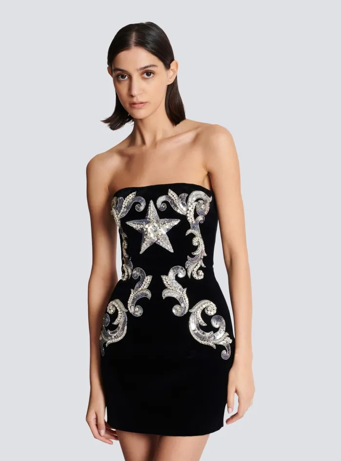 Paisley Embroidered Strapless Dress Black Women Balmain Dresses