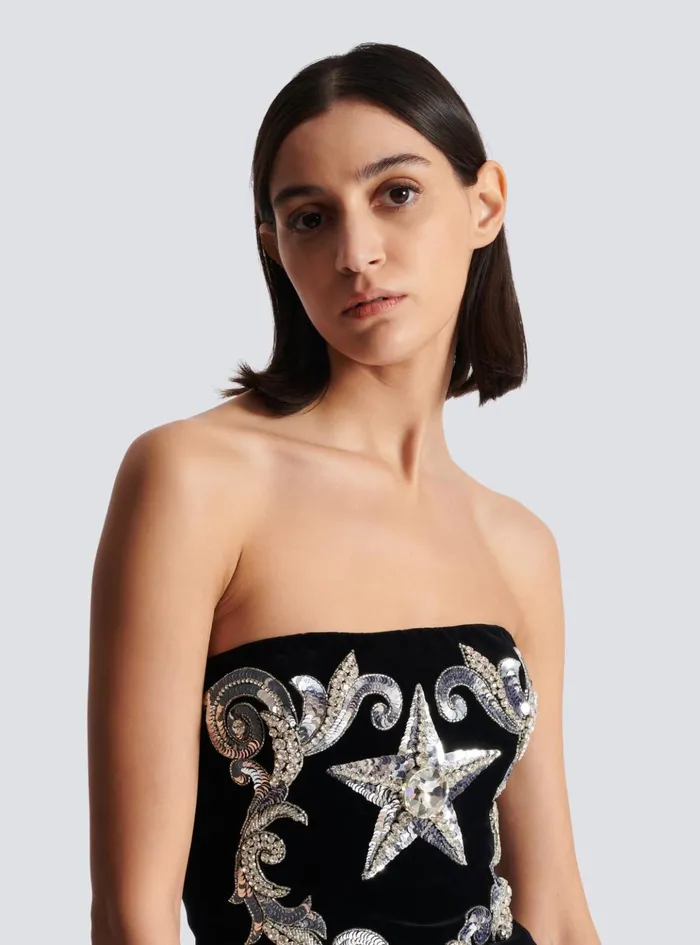 Paisley Embroidered Strapless Dress Black Women Balmain Dresses