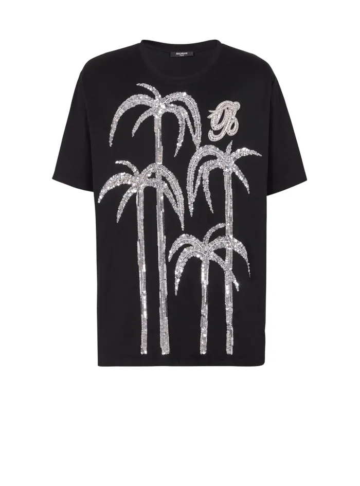 Palm Tree Embroidered Tshirt Black Men Balmain TShirts