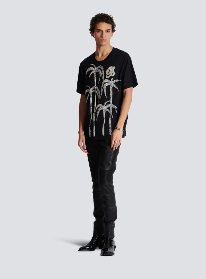 Palm Tree Embroidered Tshirt Black Men Balmain TShirts